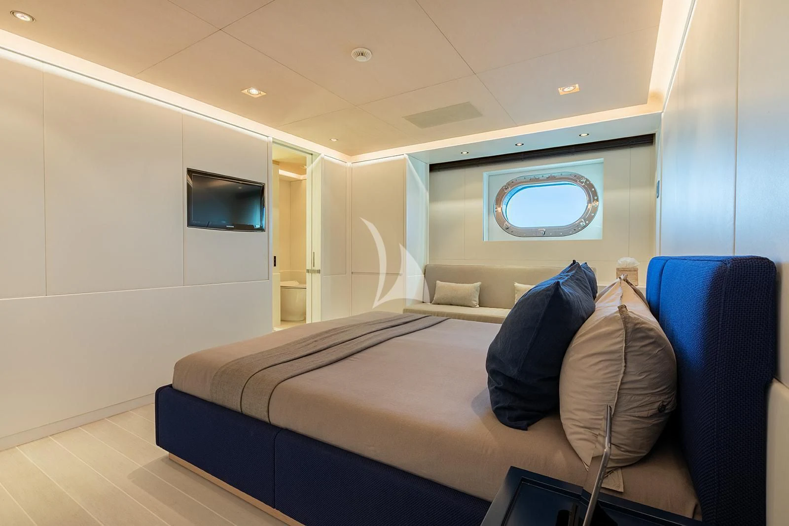 a bed in a room aboard SERENDIPITY I Yacht for Charter
