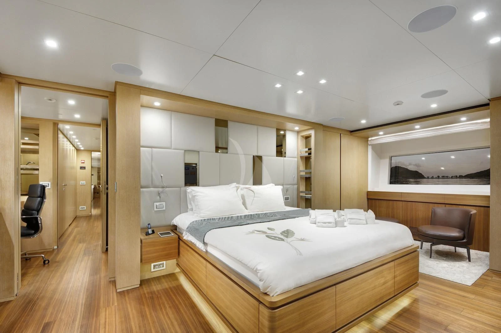 a large bedroom with a large bed aboard THERAPY Yacht for Sale