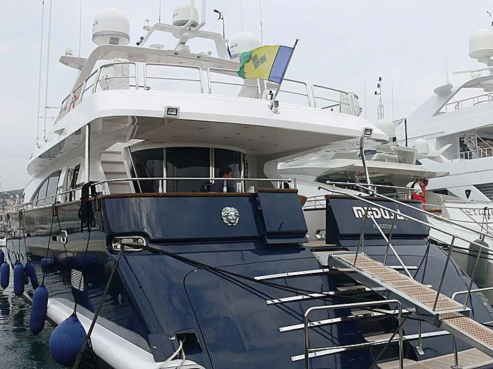 a boat with a canopy aboard SPECTRE Yacht for Sale