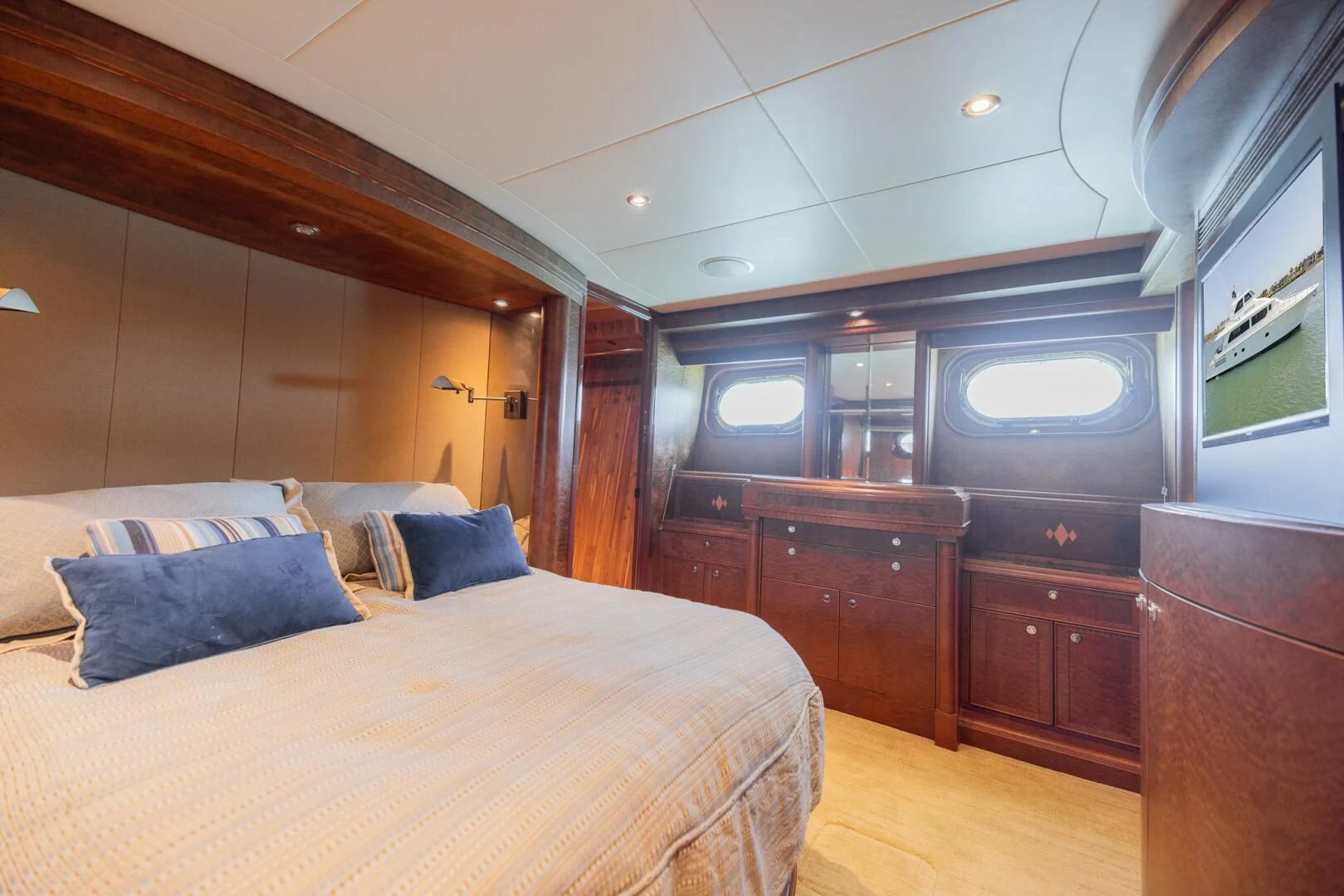 a bed in a room aboard PREDATOR I Yacht for Sale