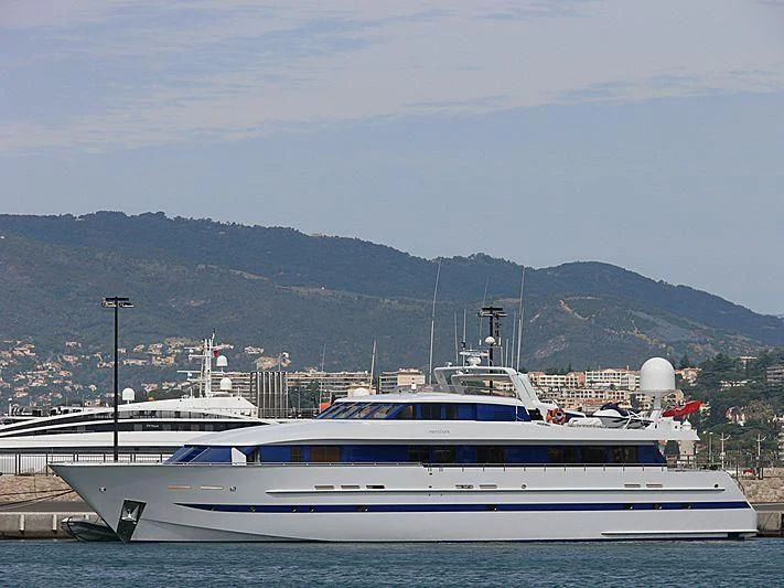 a large white boat in the water aboard ESRA Yacht for Sale