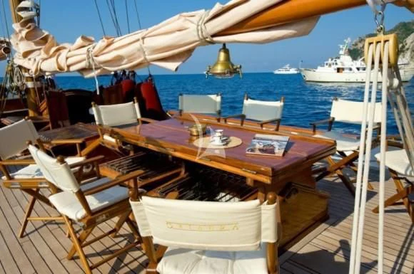 a table set for a dinner on a boat aboard ORIANDA Yacht for Charter