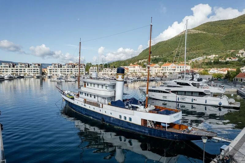 a large ship docked aboard KALIZMA Yacht for Sale