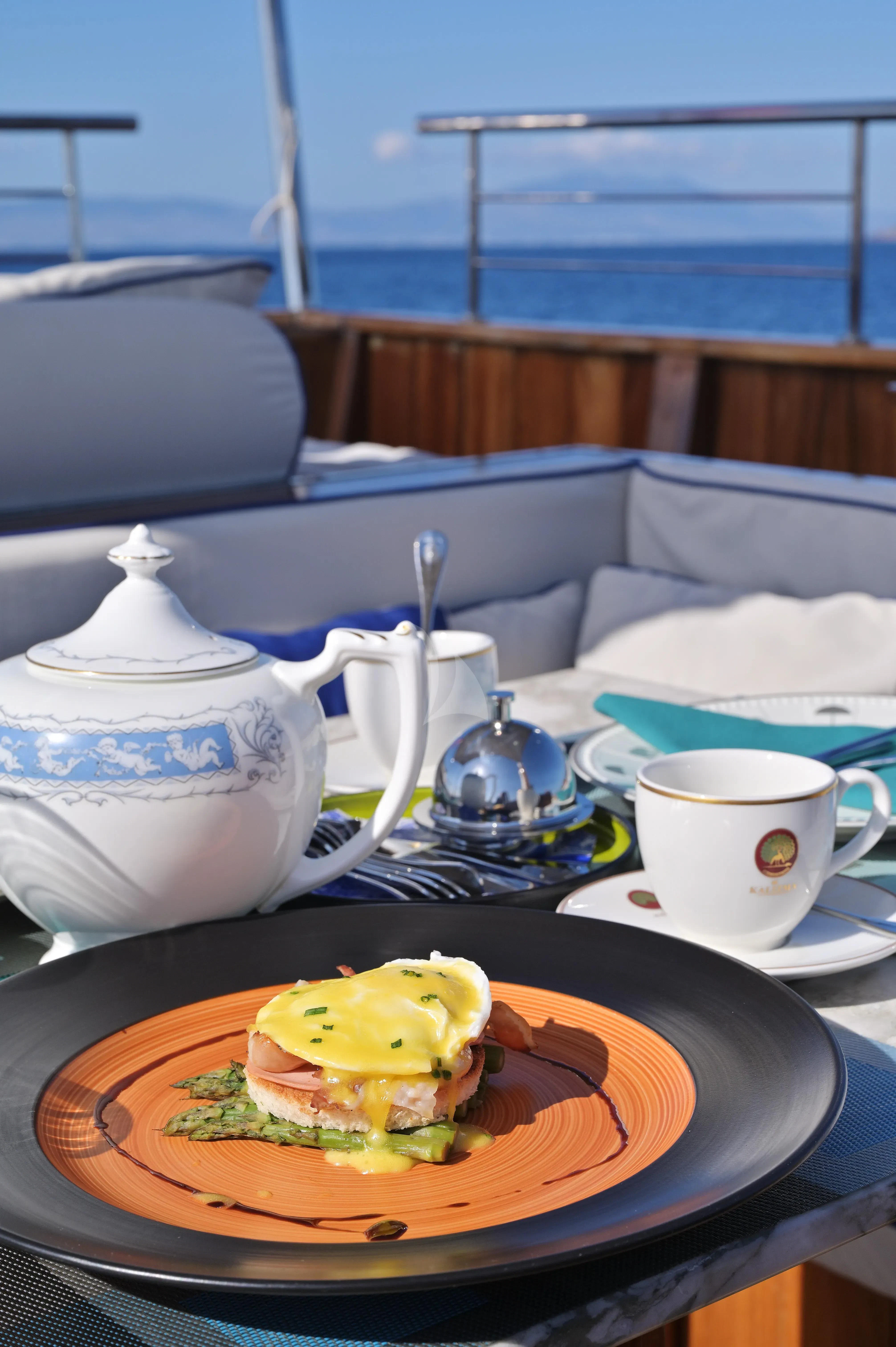 a breakfast on a table aboard KALIZMA Yacht for Sale