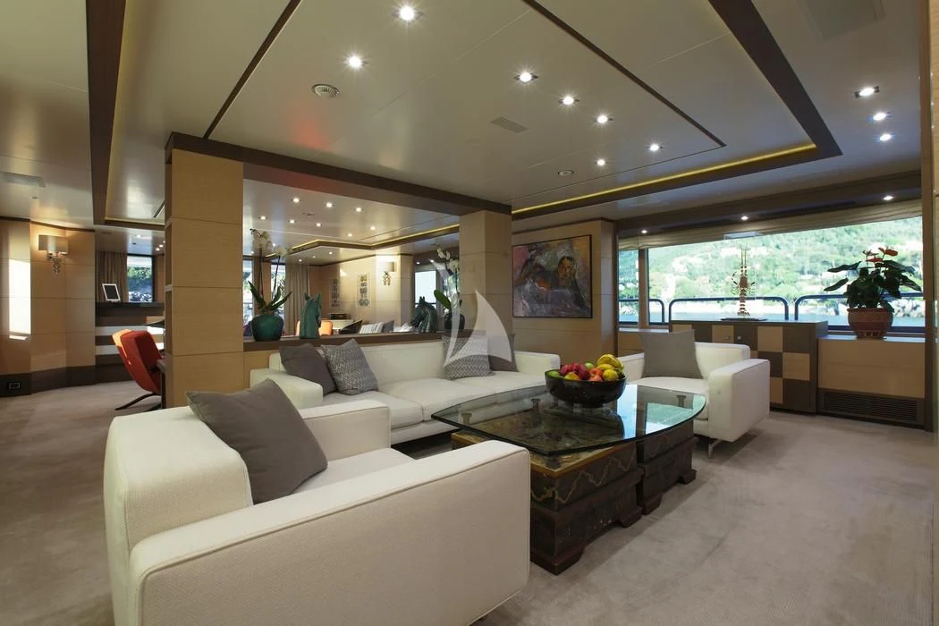 a living room with a large window aboard LATIKO Yacht for Charter