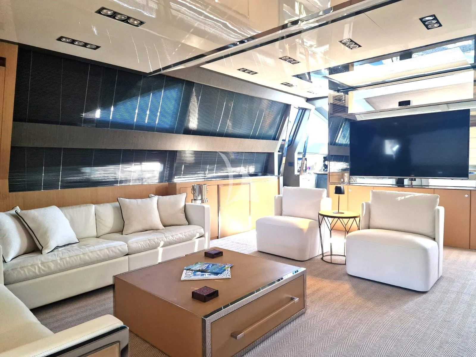 a living room with a large screen aboard WHATEVER Yacht for Charter