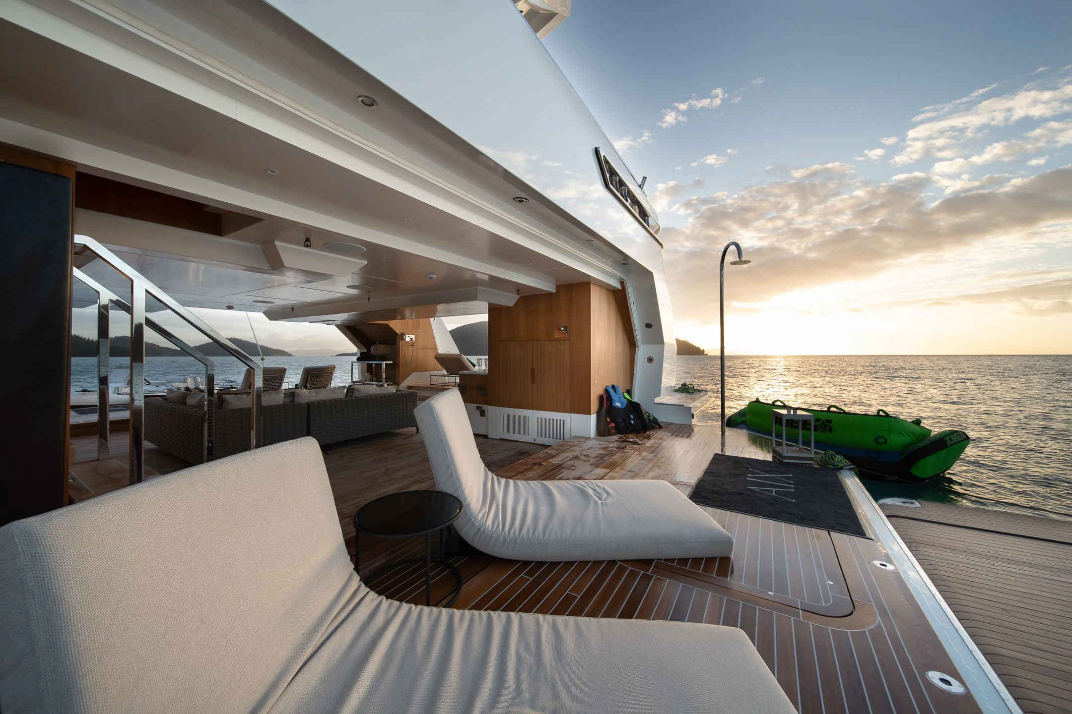 a boat on a deck aboard AIX Yacht for Sale