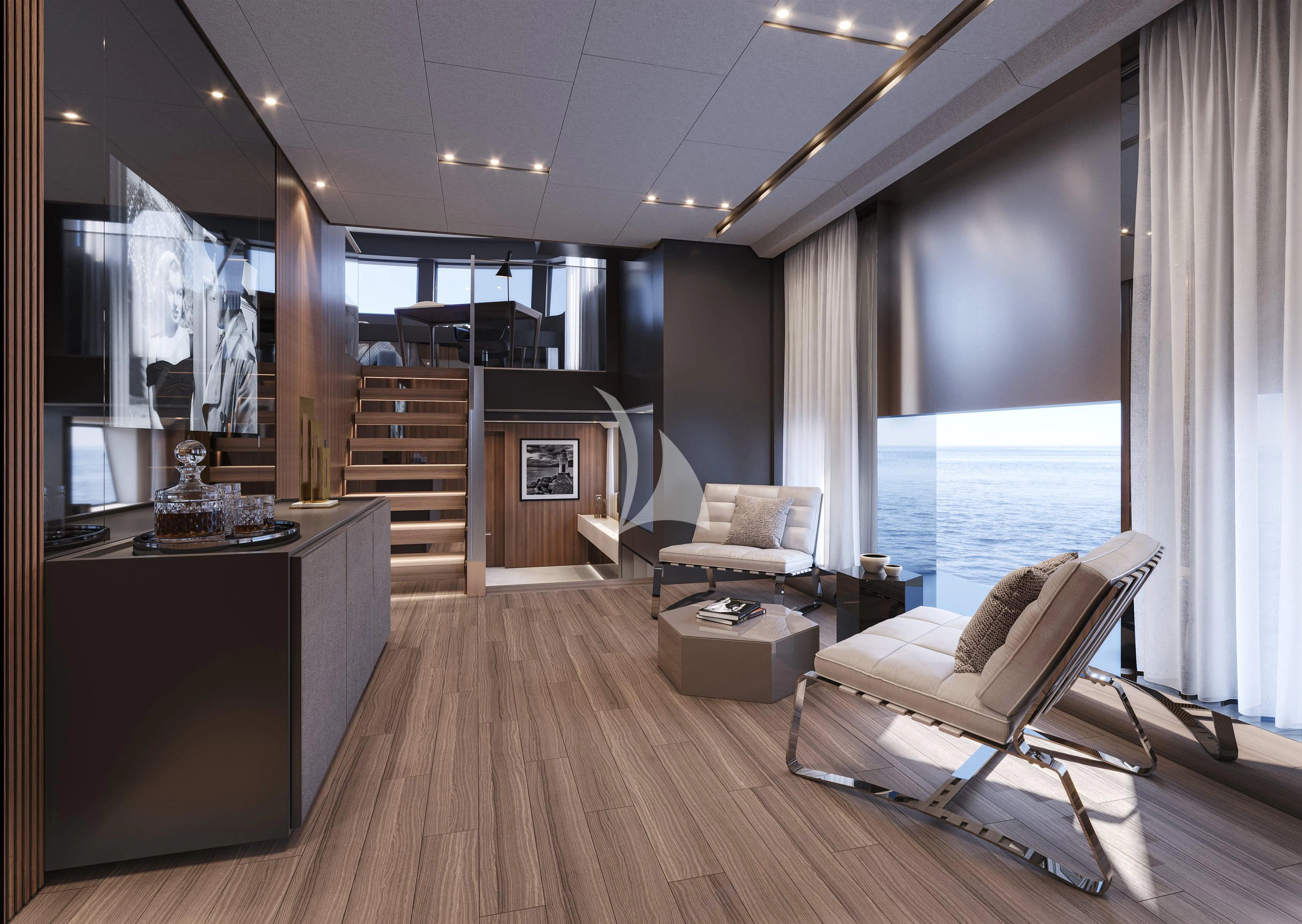 a living room with a wood floor aboard AIX Yacht for Sale