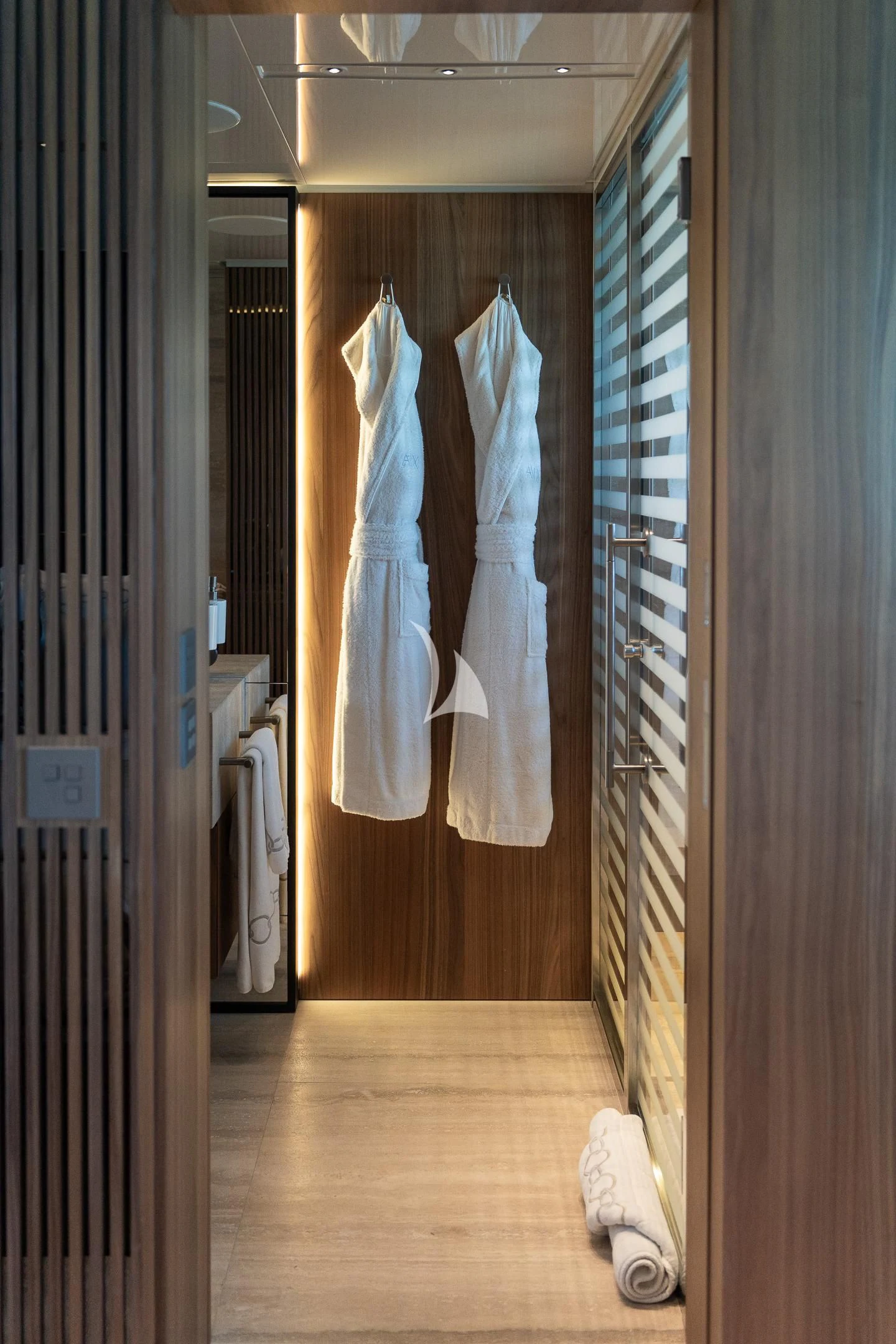a bathroom with a towel on the wall aboard AIX Yacht for Sale
