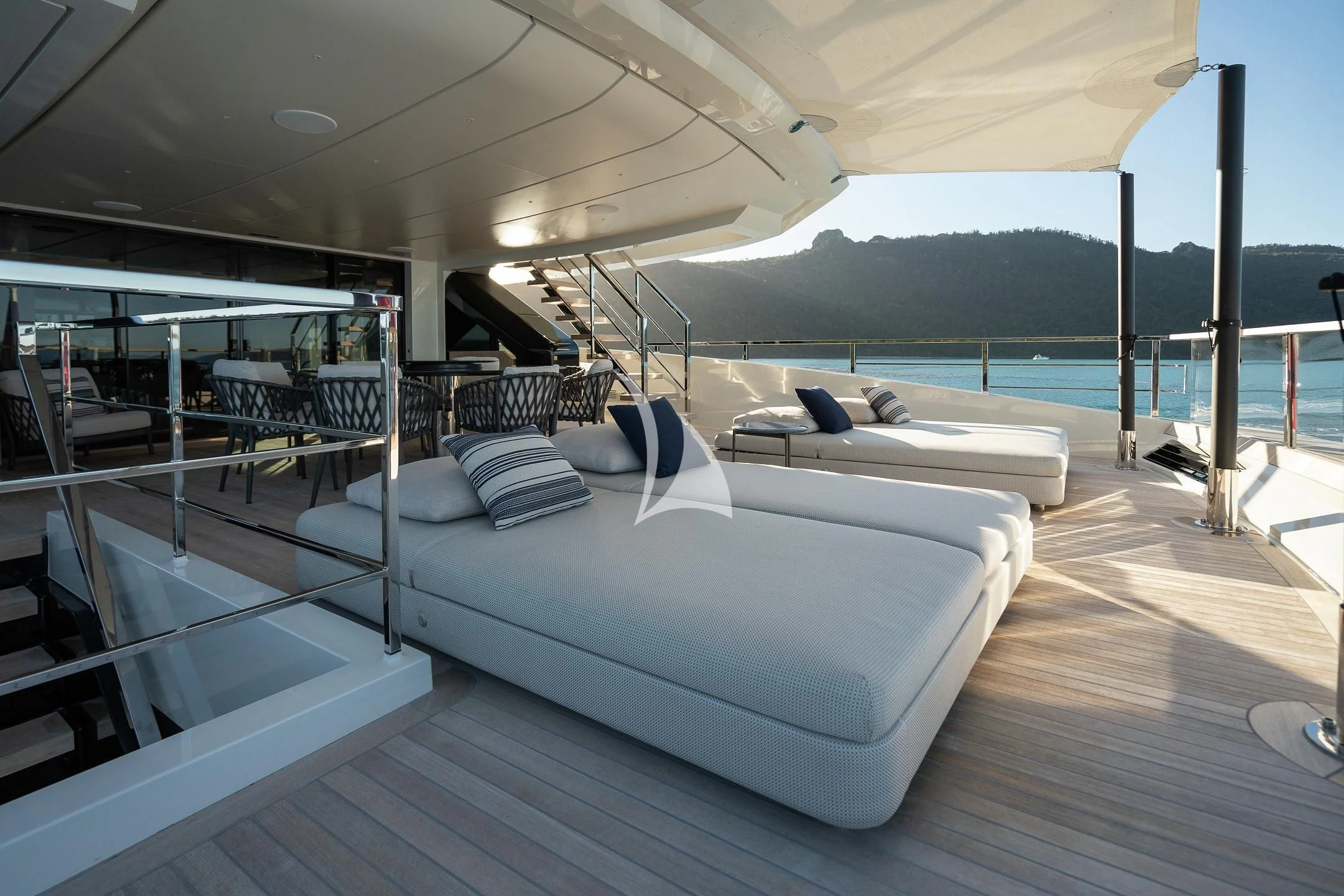 a large bed in a boat aboard AIX Yacht for Sale