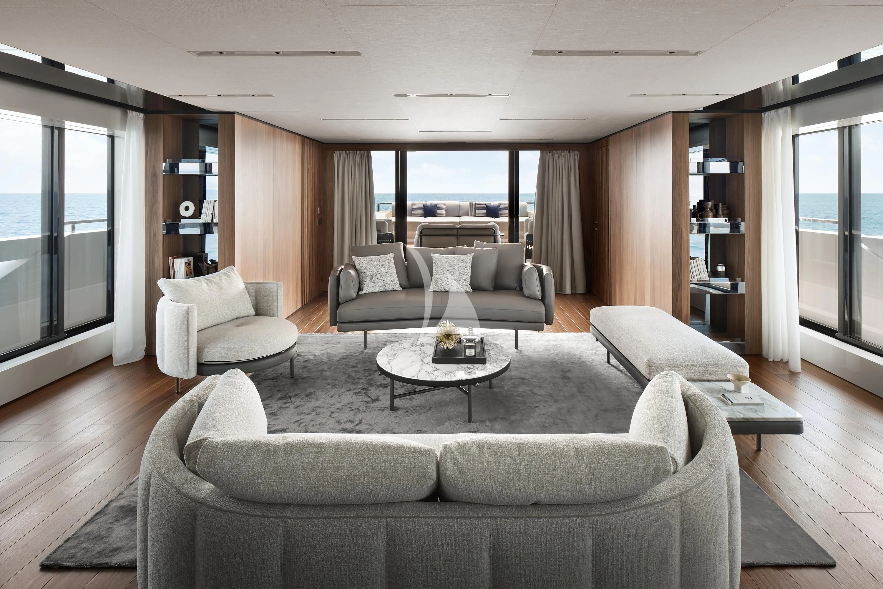 a living room with a large window aboard AIX Yacht for Sale
