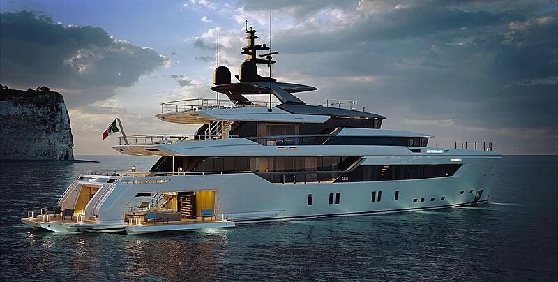 a large white boat in the water aboard AIX Yacht for Sale