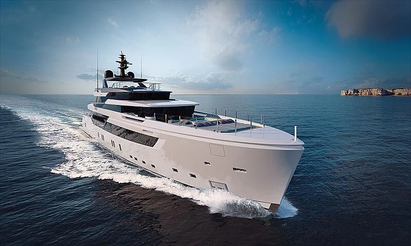 a white boat on the water aboard AIX Yacht for Sale