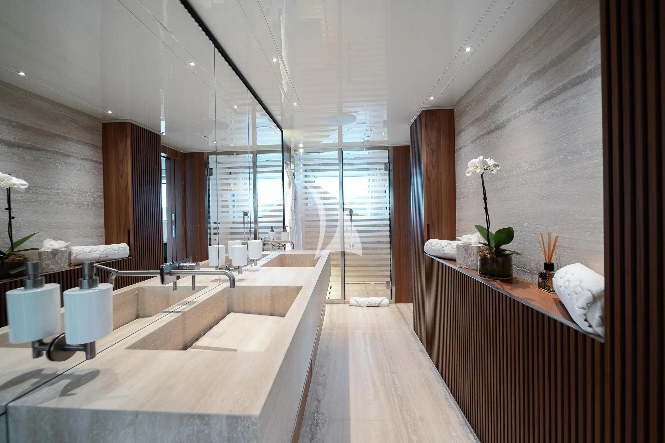 a room with a large window aboard AIX Yacht for Sale