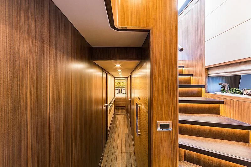 a wood room with wood walls aboard JOY Yacht for Sale