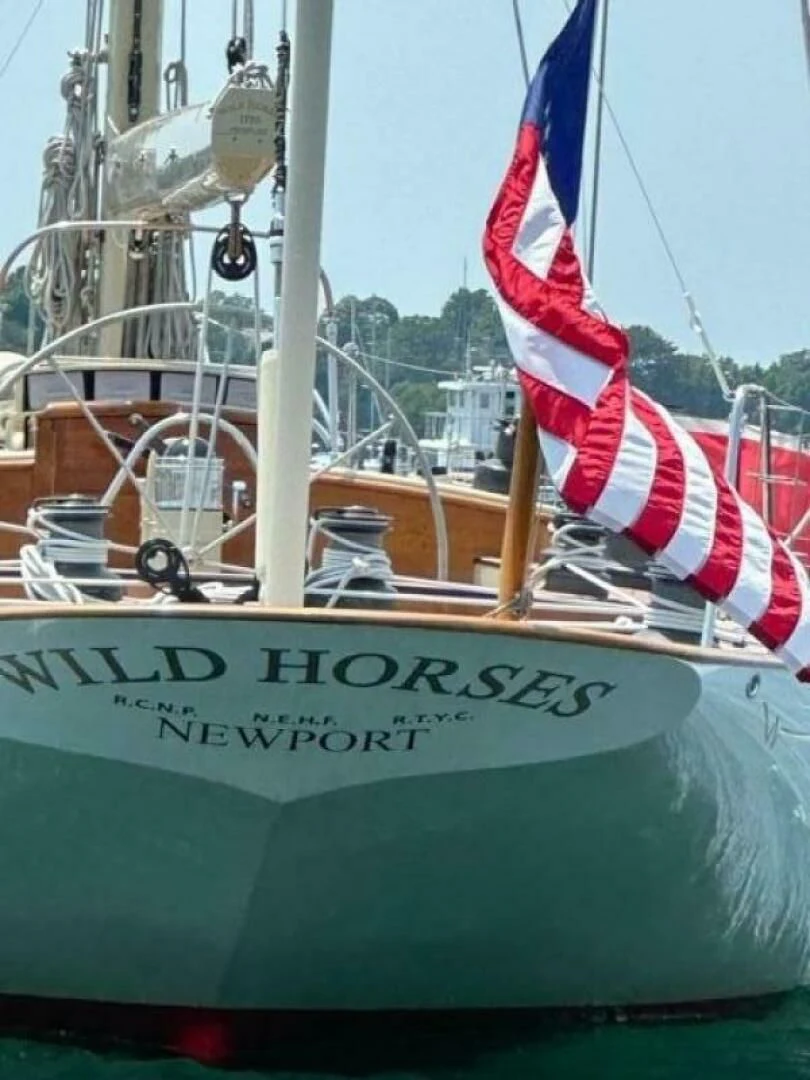 a boat with a flag on the front aboard WILD HORSES Yacht for Sale
