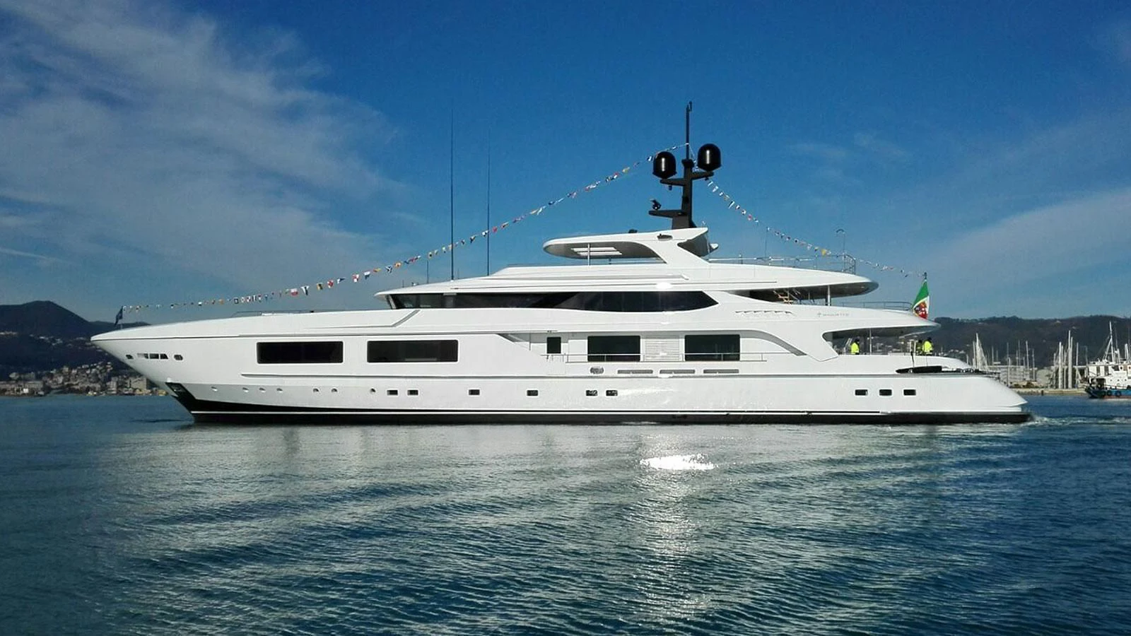 a white yacht in the water aboard UNICORN Yacht for Sale