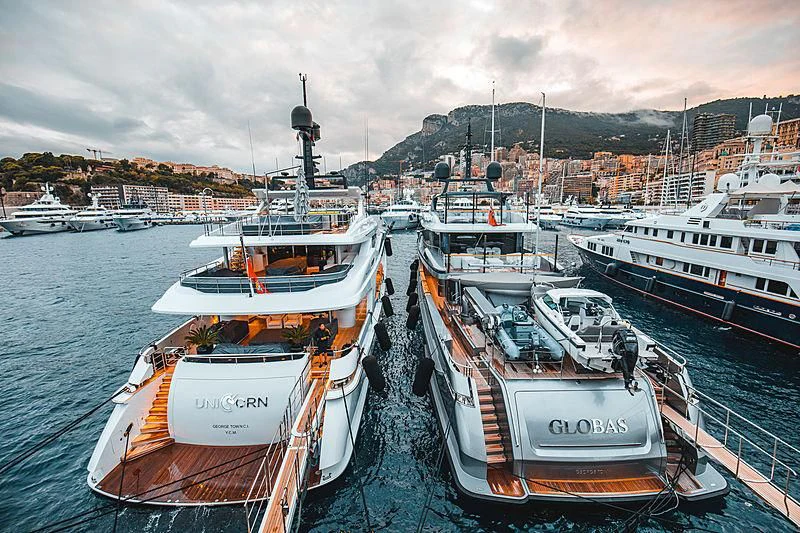 boats in a harbor aboard UNICORN Yacht for Sale