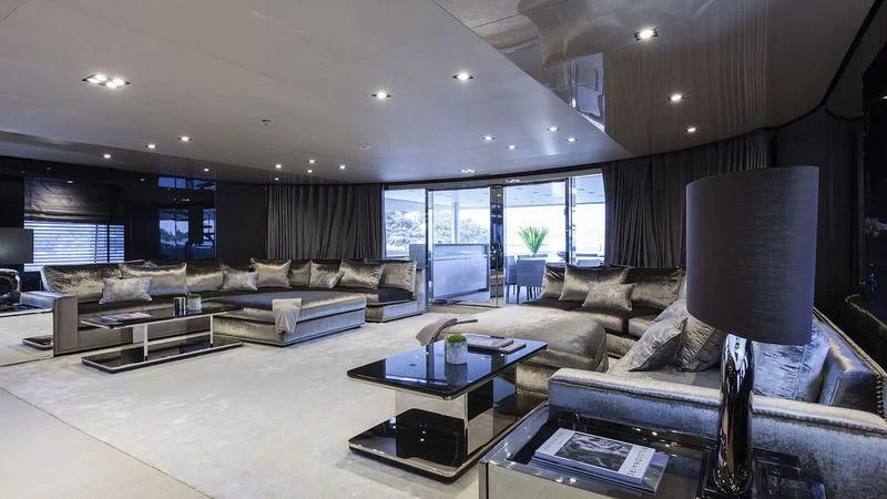 a living room with a large window aboard UNICORN Yacht for Sale