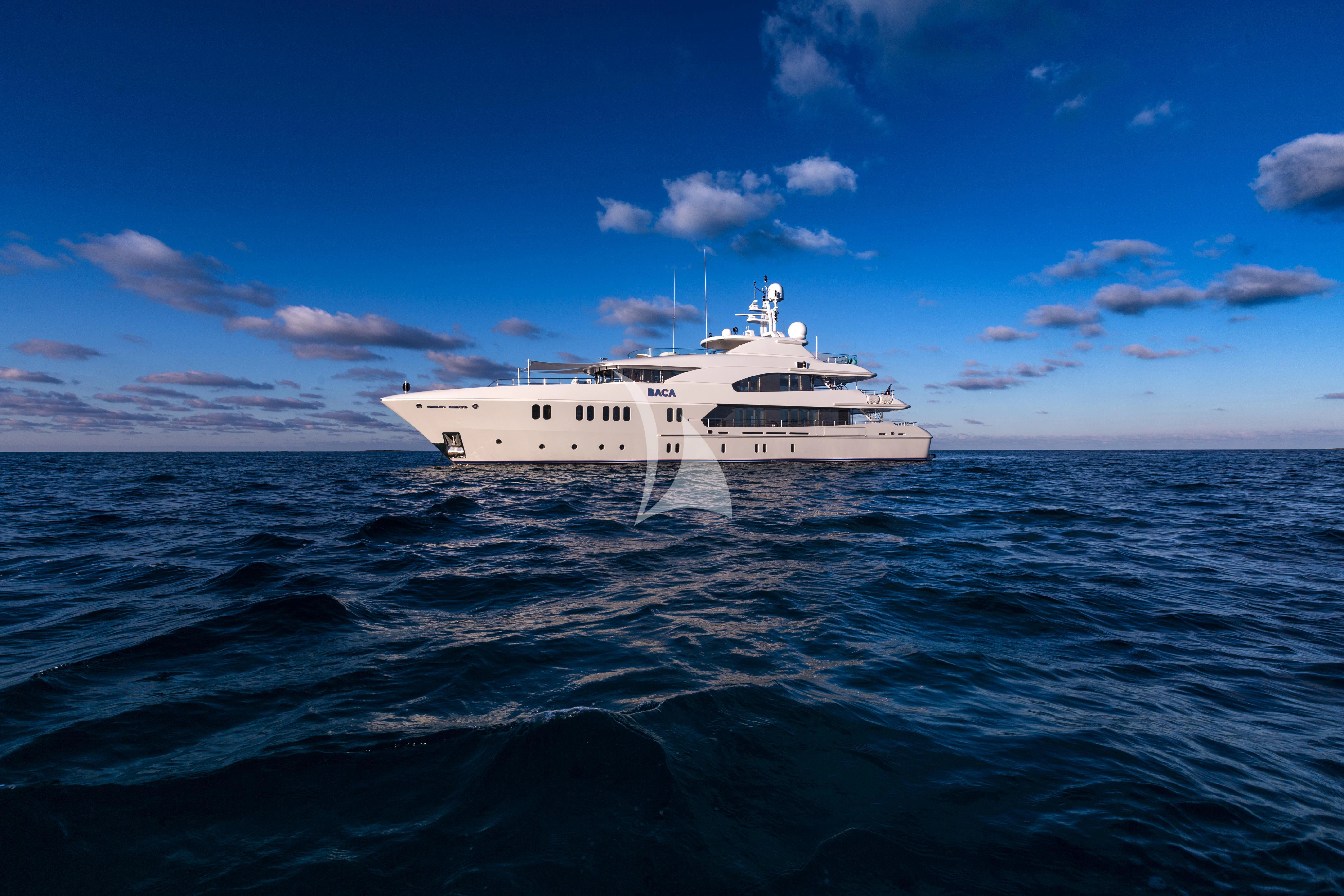 a white boat in the water aboard BACA Yacht for Charter