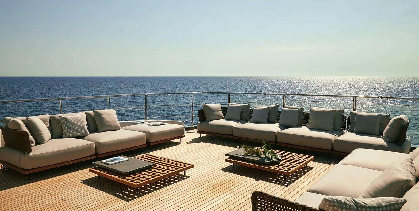 a living room with a large body of water aboard CASA Yacht for Sale