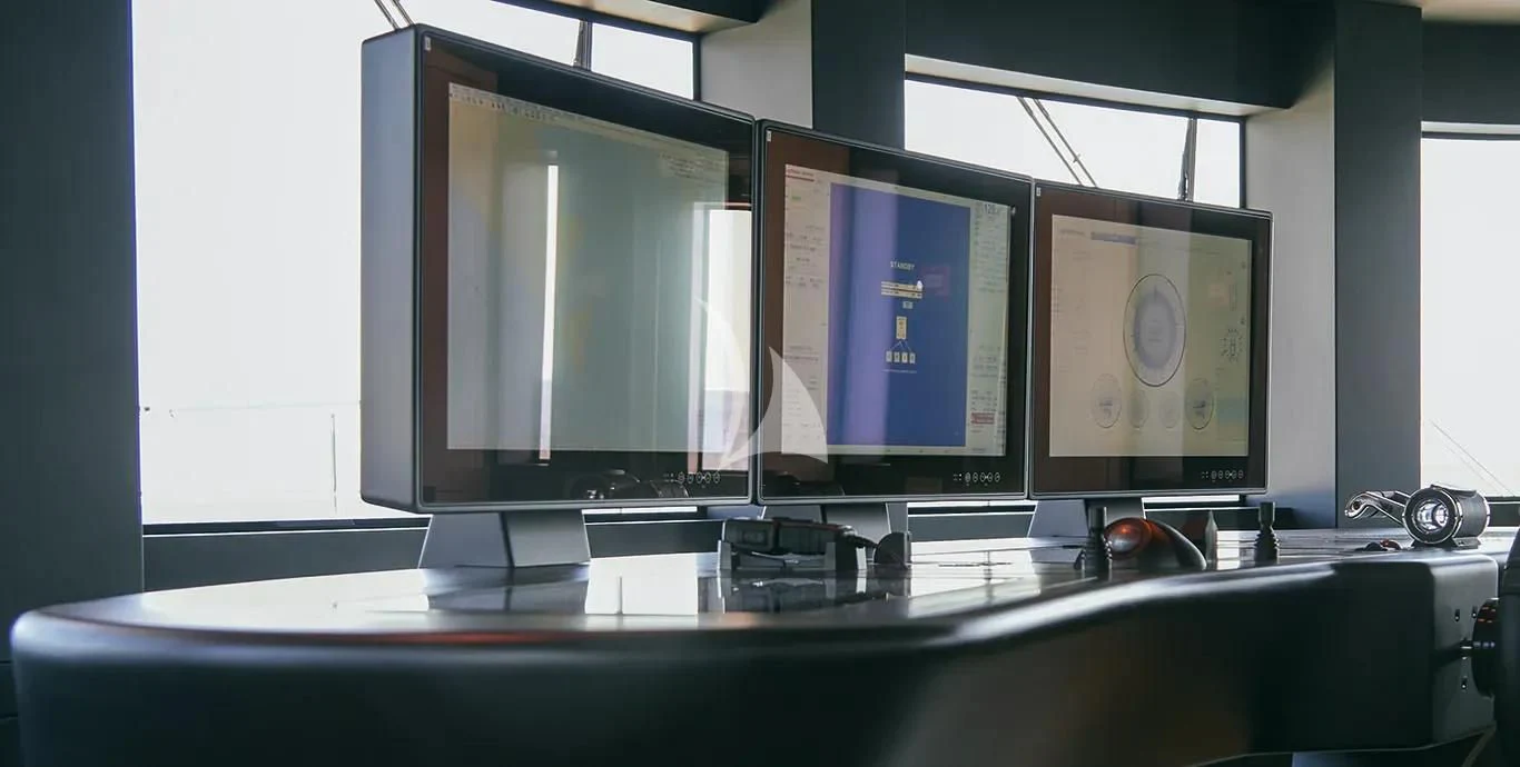 a computer desk with a couple of monitors on it aboard CASA Yacht for Sale