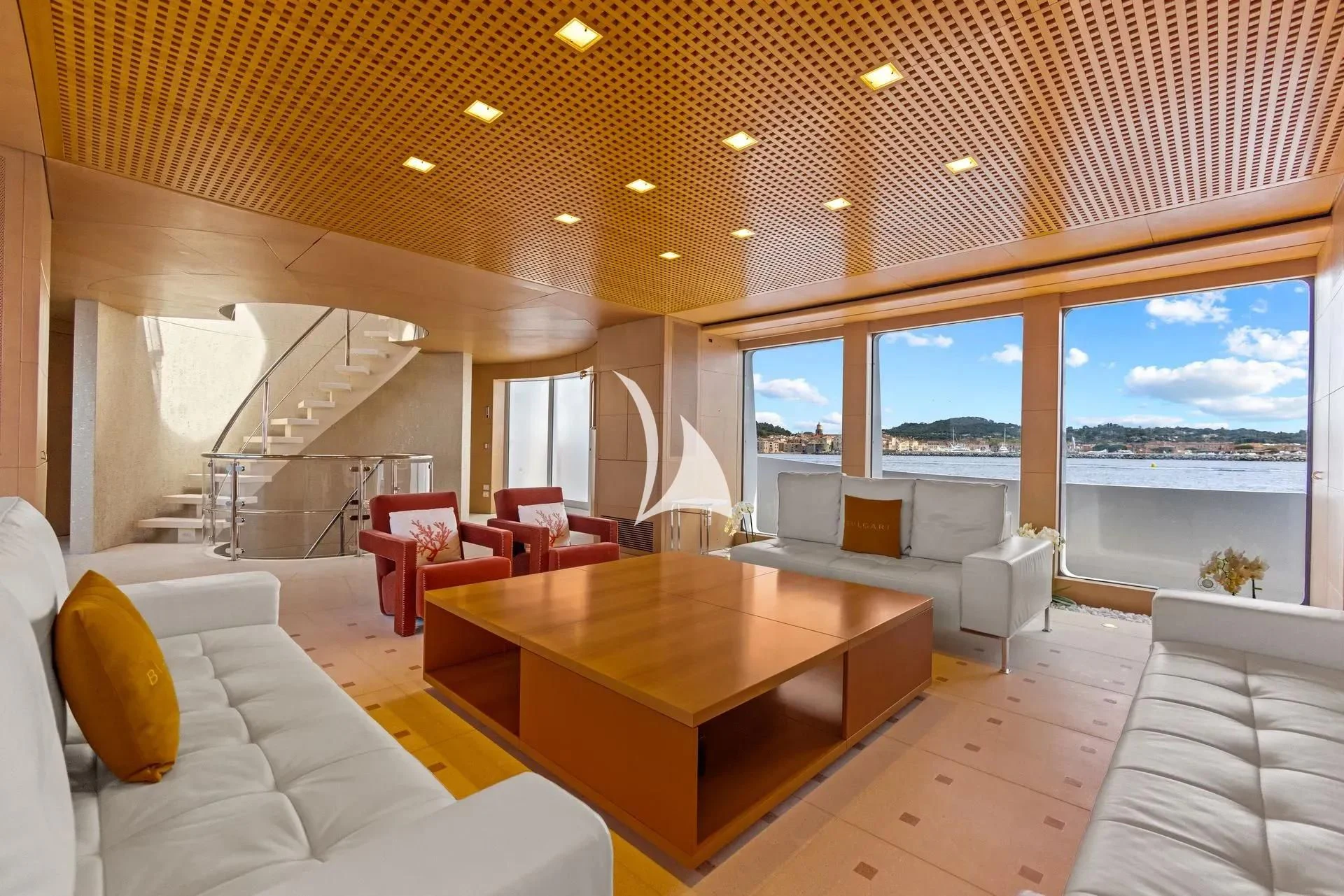 a room with a table and chairs aboard LUISA Yacht for Charter