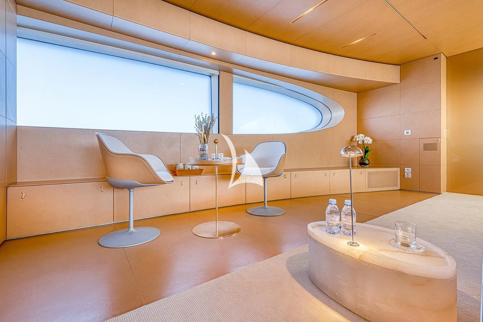a modern looking bathroom with a large window aboard LUISA Yacht for Charter