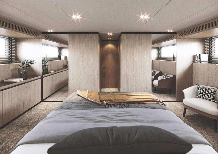 a bedroom with a large bed aboard TERRANOVA TM90/01 Yacht for Sale