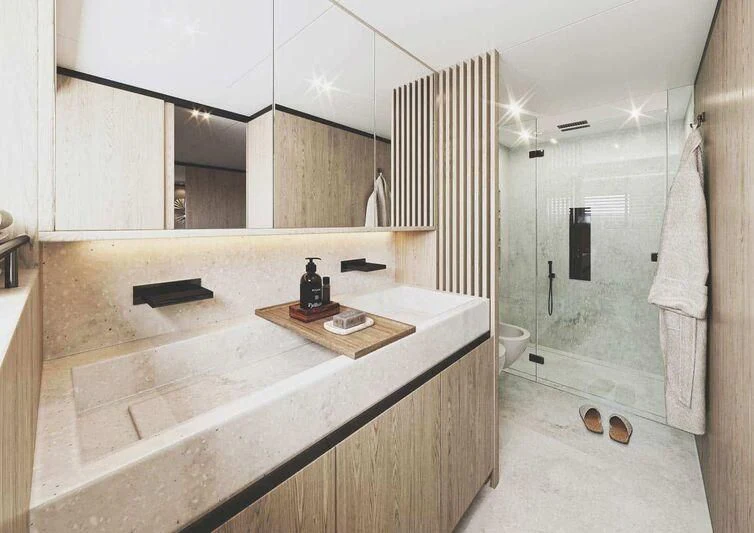 a bathroom with a countertop sink and a mirror aboard TERRANOVA TM90/01 Yacht for Sale