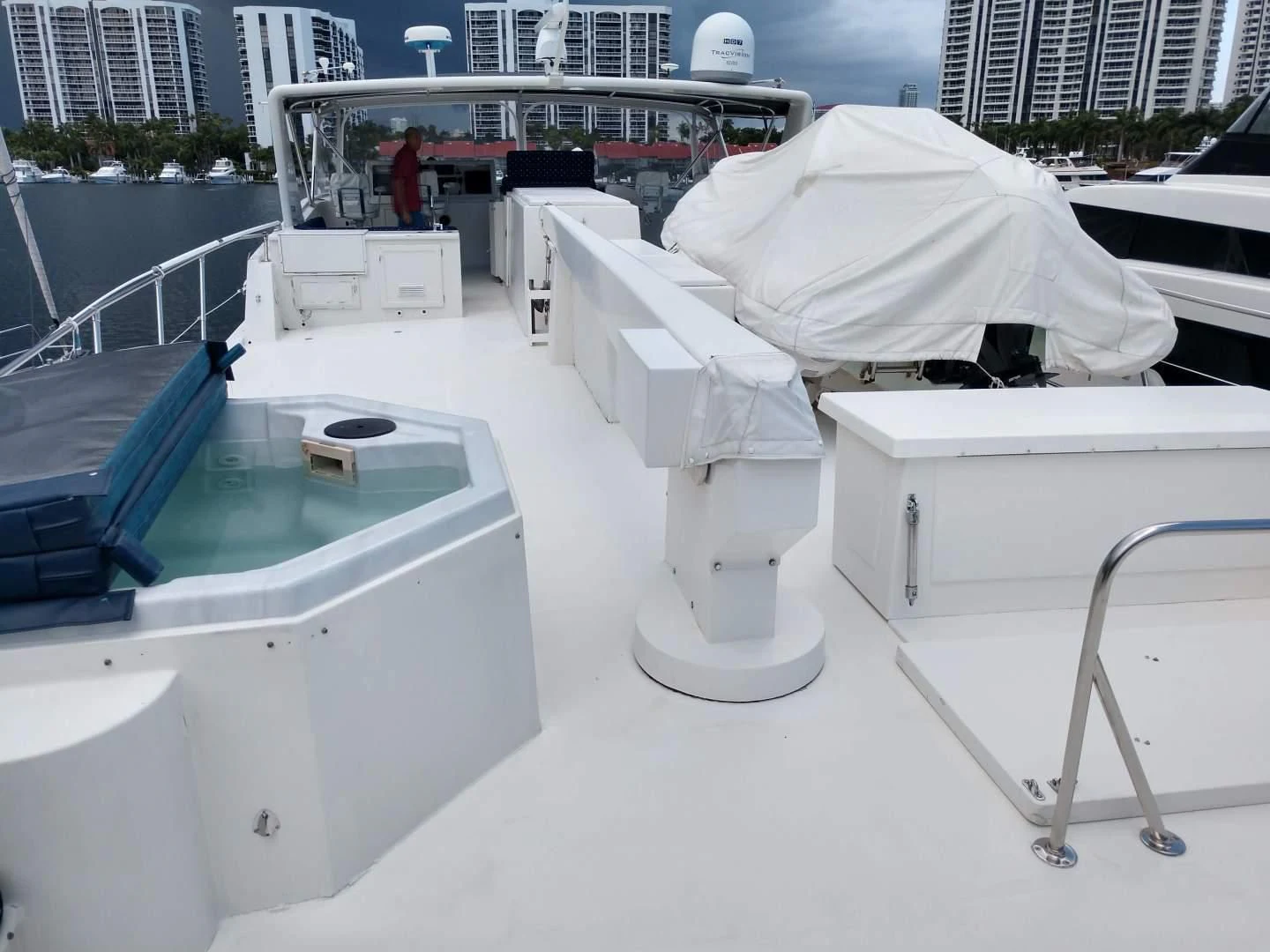 a few white satellite dishes aboard CAROLE TOO Yacht for Sale