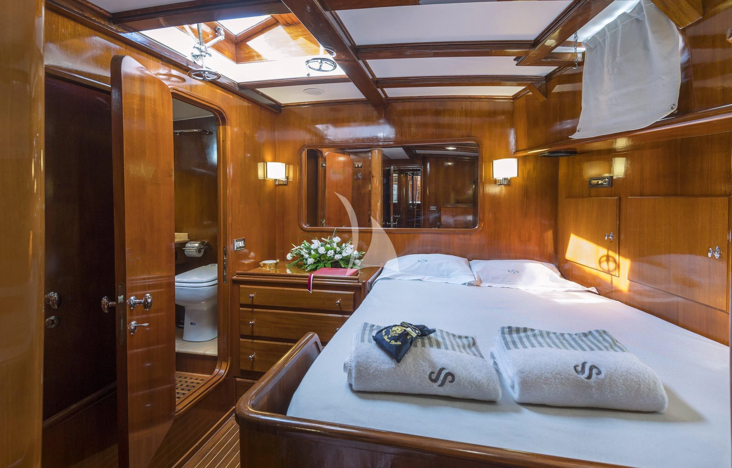 a bed in a room aboard SEA PRINCE Yacht for Sale