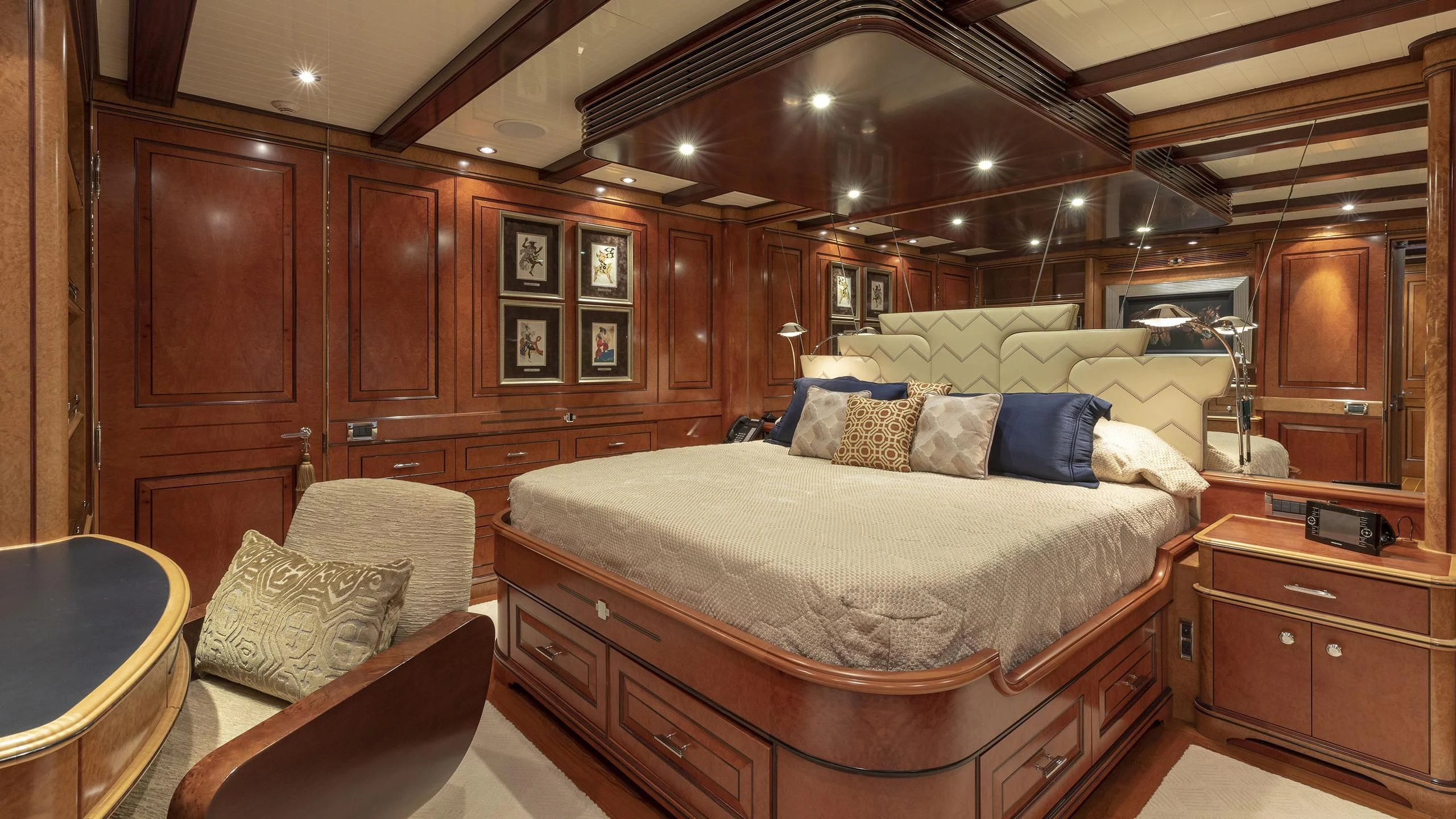 a bed in a room aboard NADAN Yacht for Sale