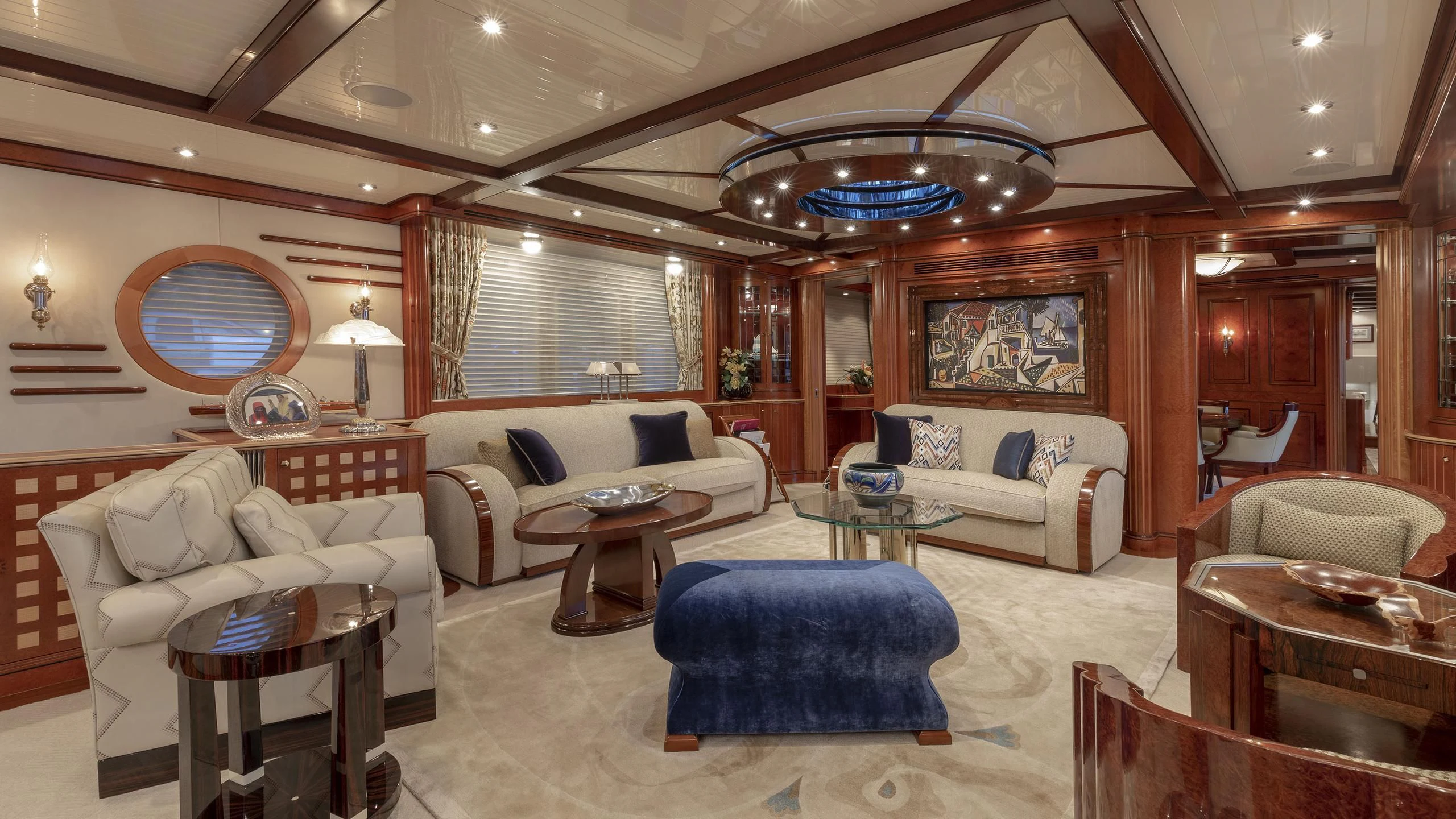 a living room with a large open floor plan aboard NADAN Yacht for Sale