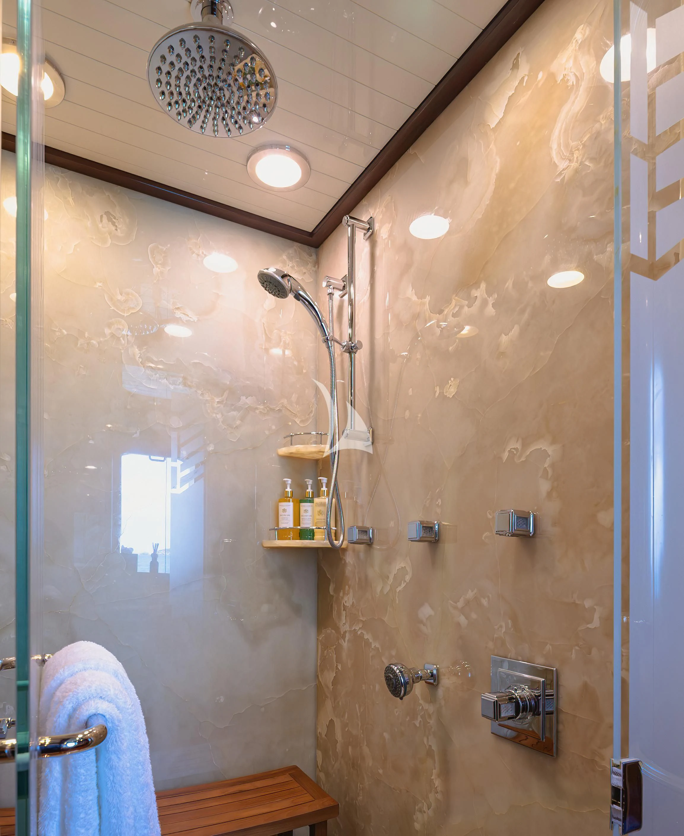 a shower with a glass door aboard NADAN Yacht for Sale
