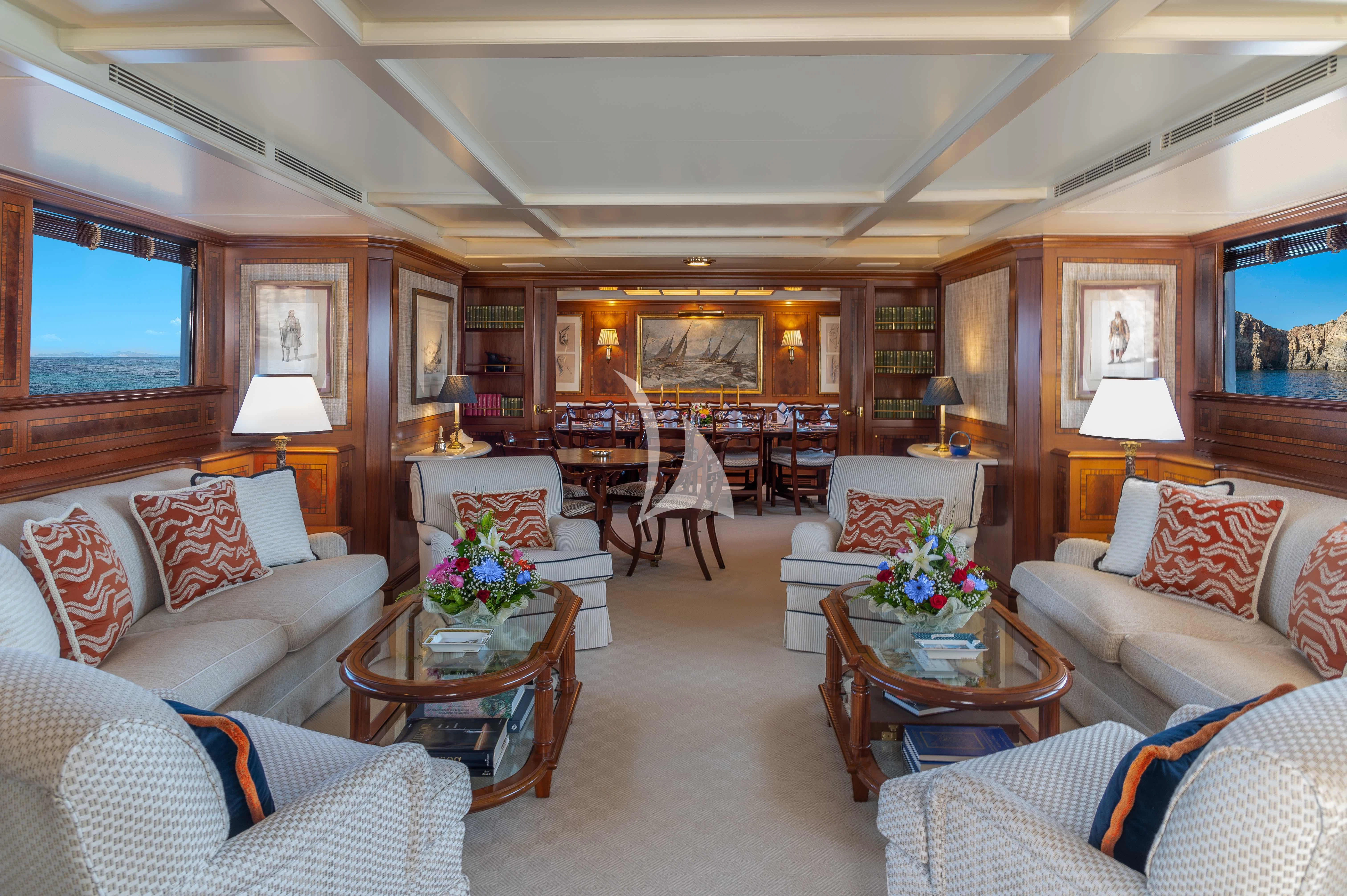 a living room with a large screen aboard OKTANA Yacht for Sale