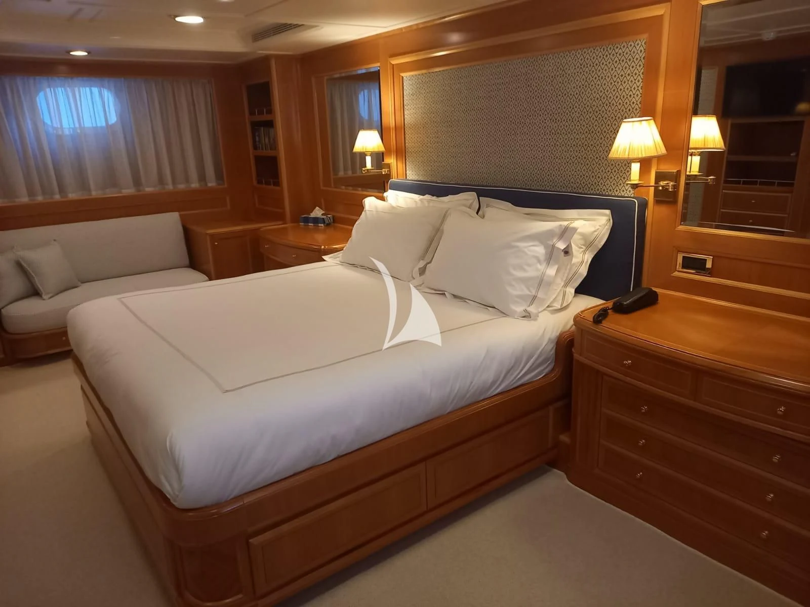 a hotel room with a bed aboard OKTANA Yacht for Sale