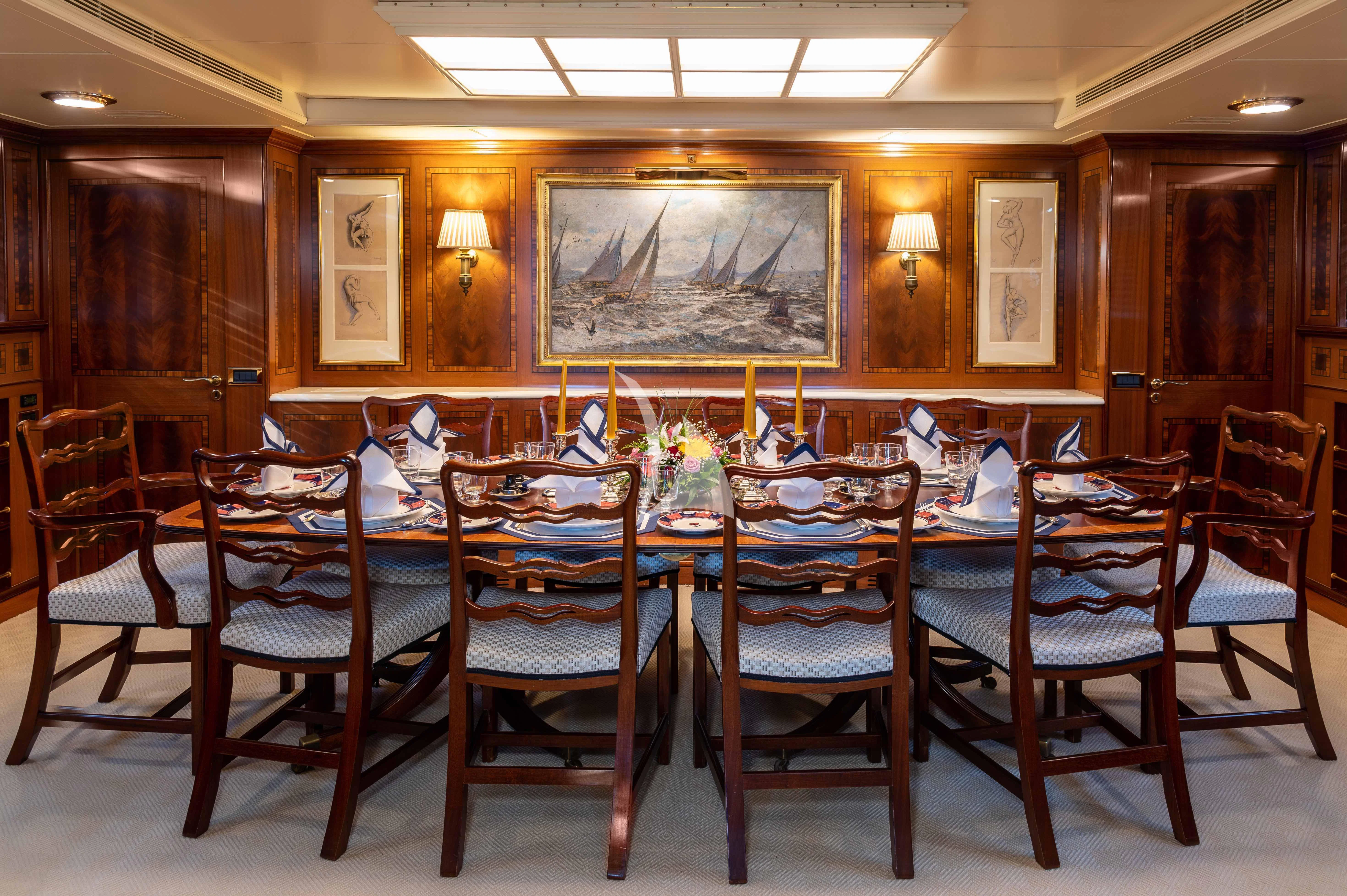 a table set with chairs aboard OKTANA Yacht for Sale