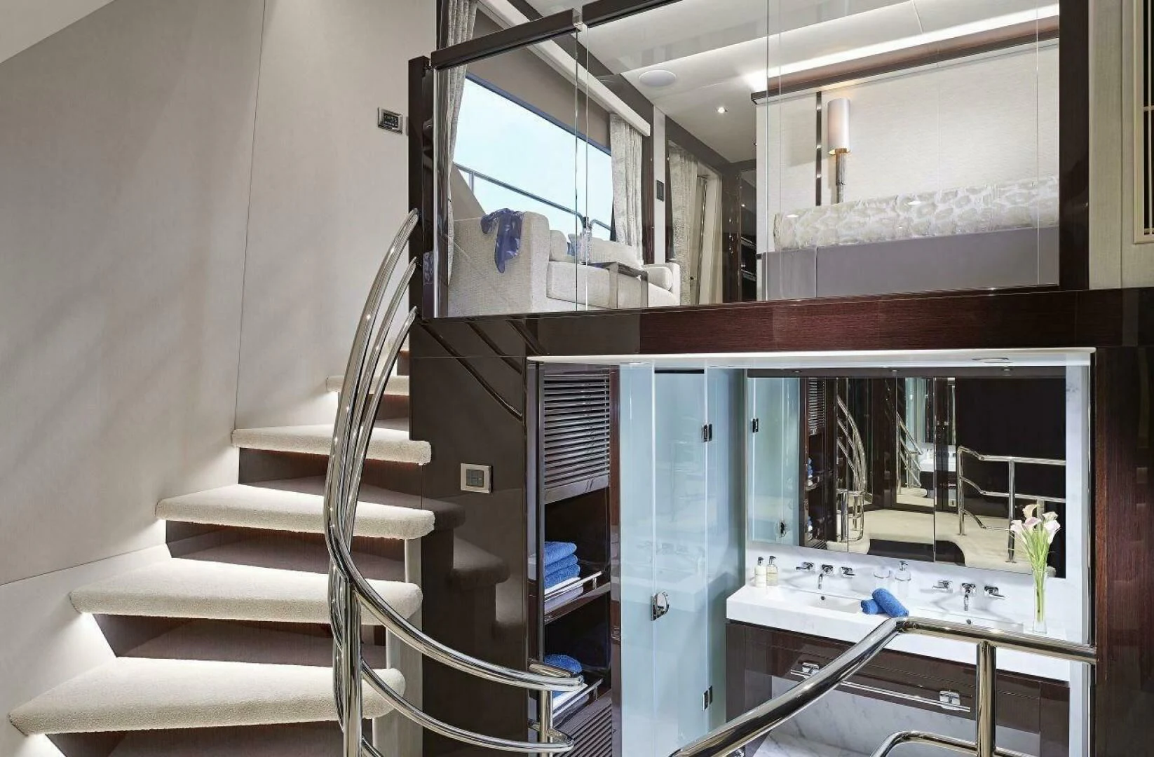 a staircase leading to a room aboard MIRRACLE Yacht for Sale