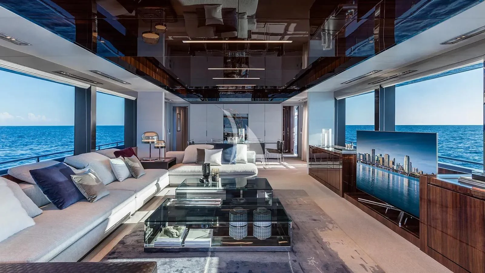 a living room with a large window aboard DON'T WORRY Yacht for Sale