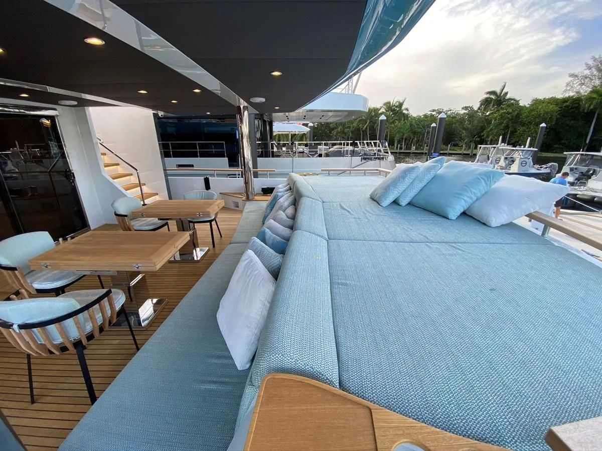a boat with a blue bed aboard PERSISTENCE Yacht for Sale