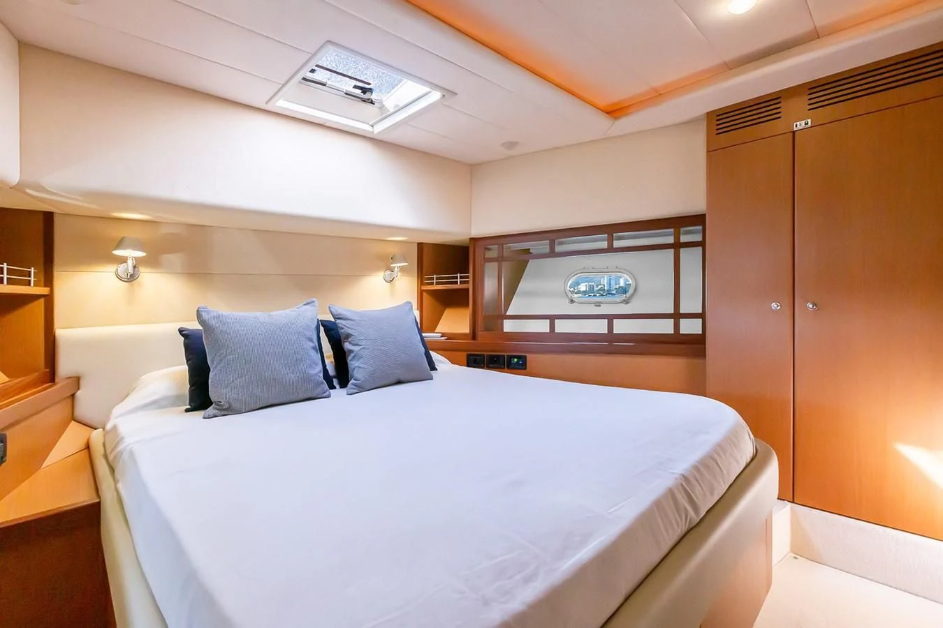 a bed in a room aboard BIJOU Yacht for Sale