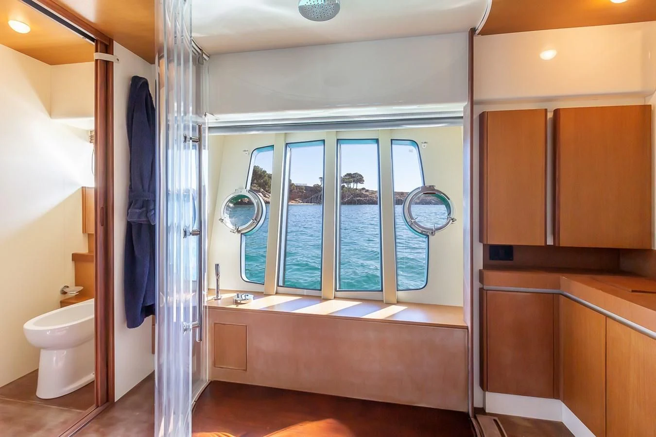a bathroom with a shower unit and a toilet aboard BIJOU Yacht for Sale