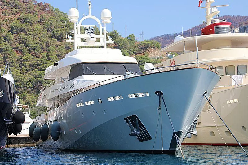 a large blue and white boat aboard SUREYYA Yacht for Sale