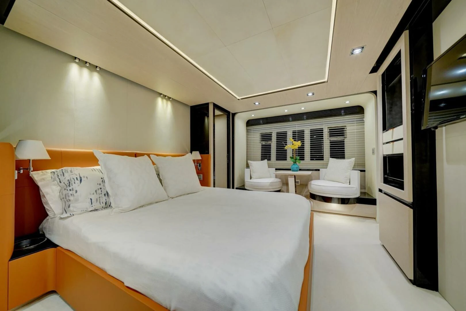 a large bedroom with a large bed aboard 80 AZIMUT Yacht for Sale