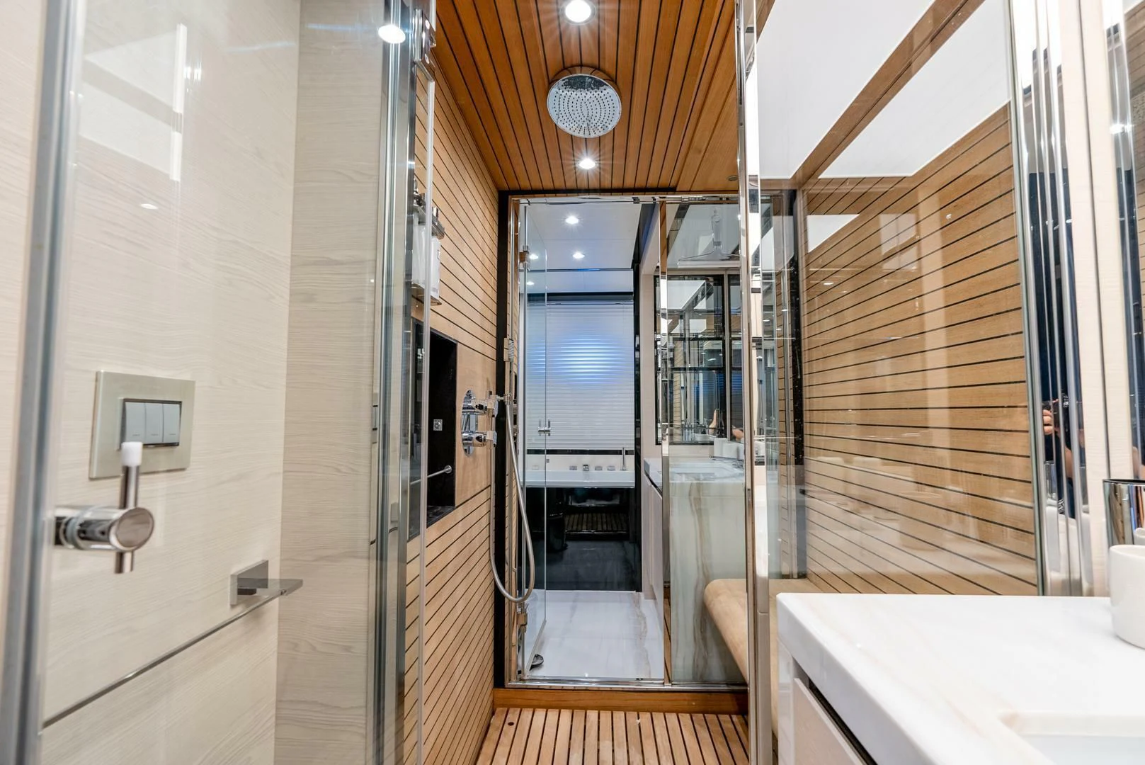 a room with a shower and a sink aboard 80 AZIMUT Yacht for Sale