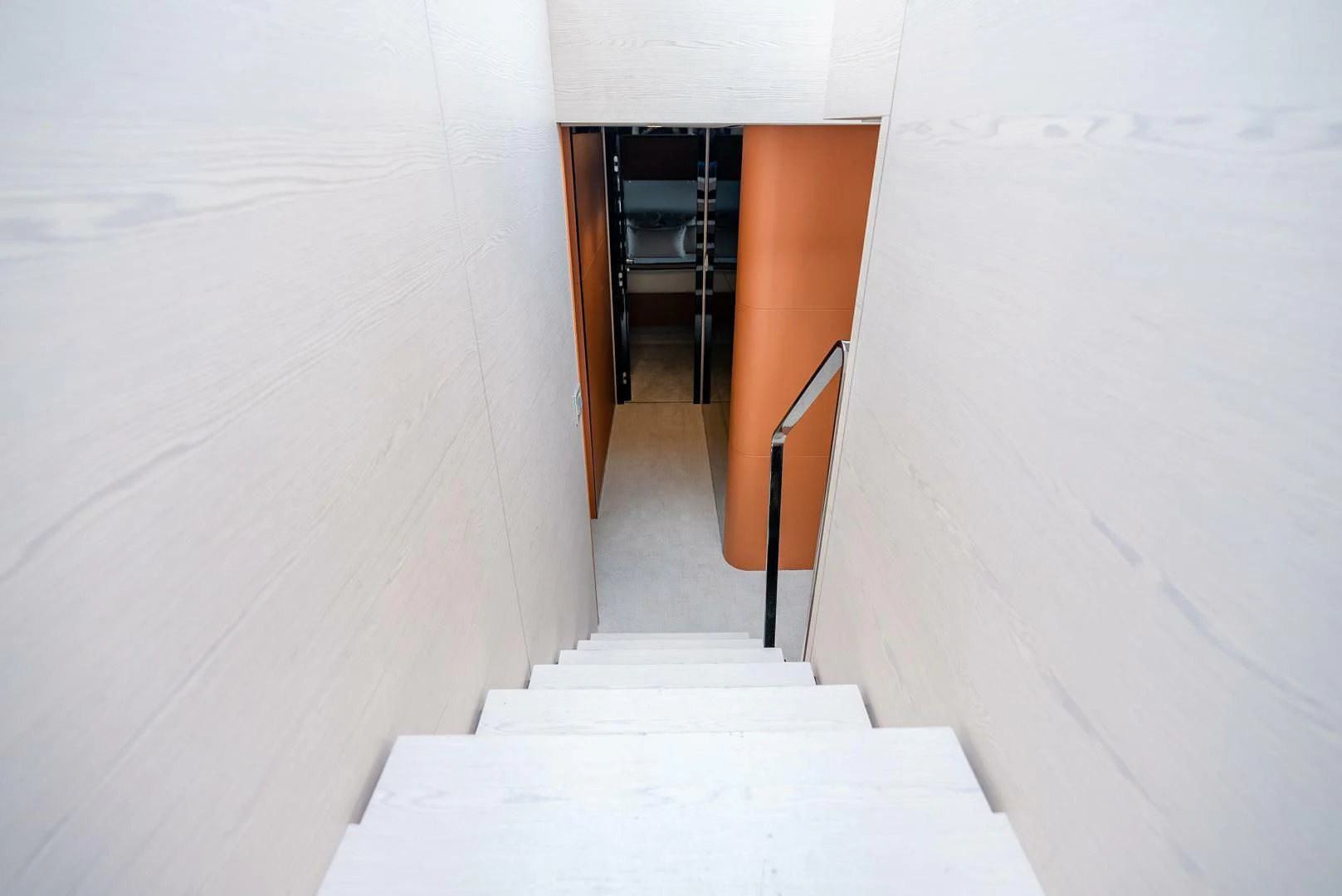 a staircase with a white wall aboard 80 AZIMUT Yacht for Sale