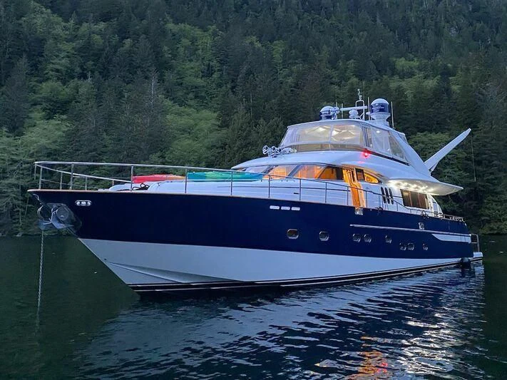a large blue and white boat aboard APOLLO Yacht for Sale