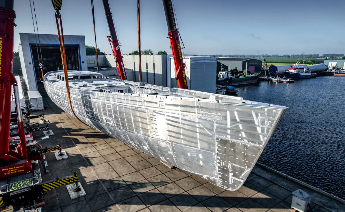 a large ship docked aboard PROJECT ZERO Yacht for Sale