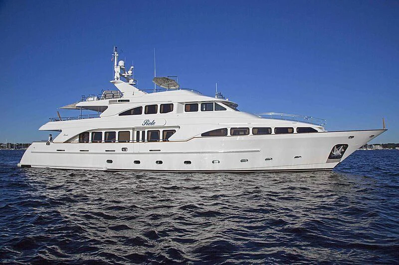 a large white boat in the water aboard FELICITA Yacht for Sale